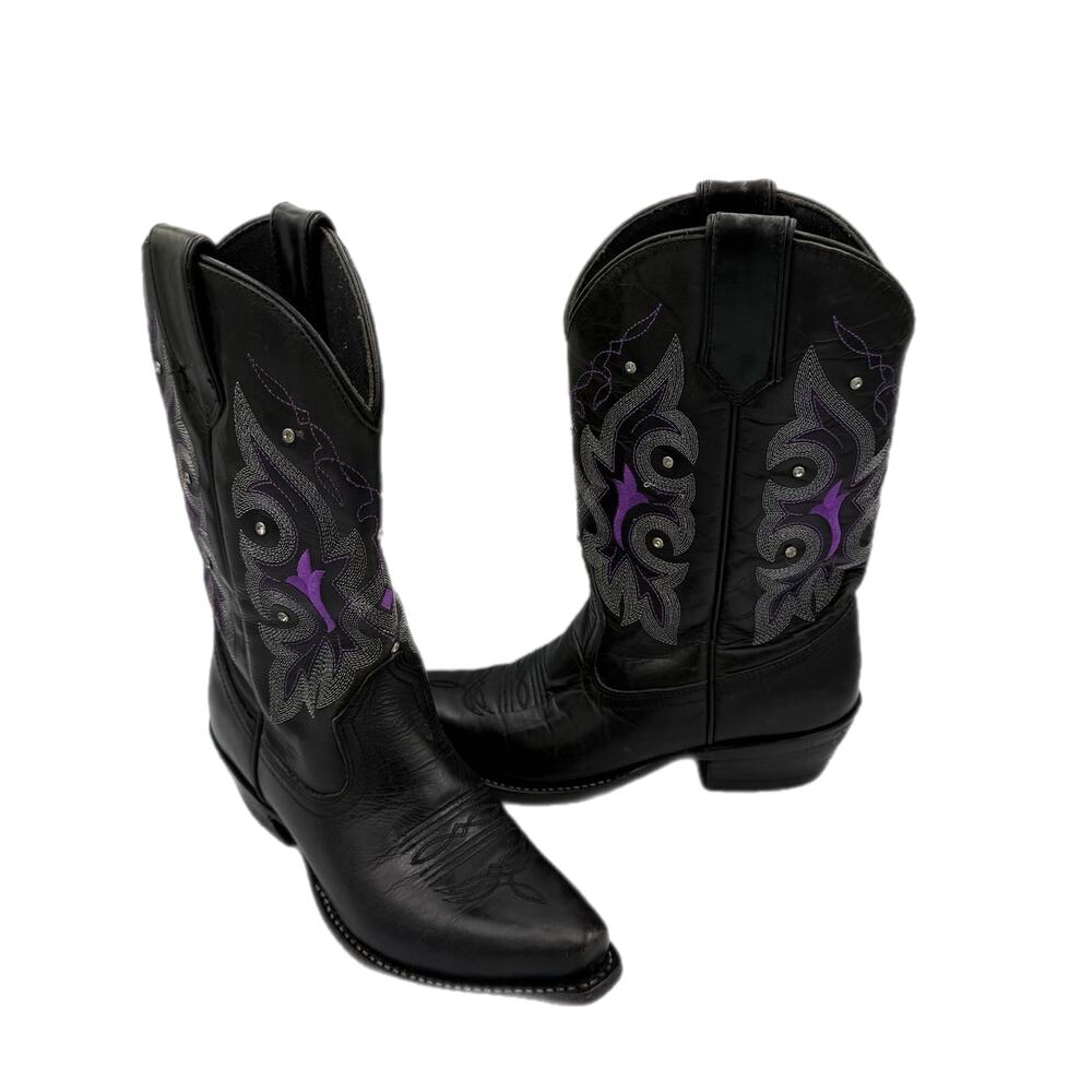 Gypsy Rose Mia Black & Purple Rhinestone Embroidered Leather Western Cowboy Boot